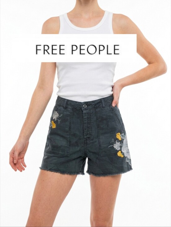 Free People Pants - FREE PEOPLE Embroidered Black Denim Shorts with Floral Detail